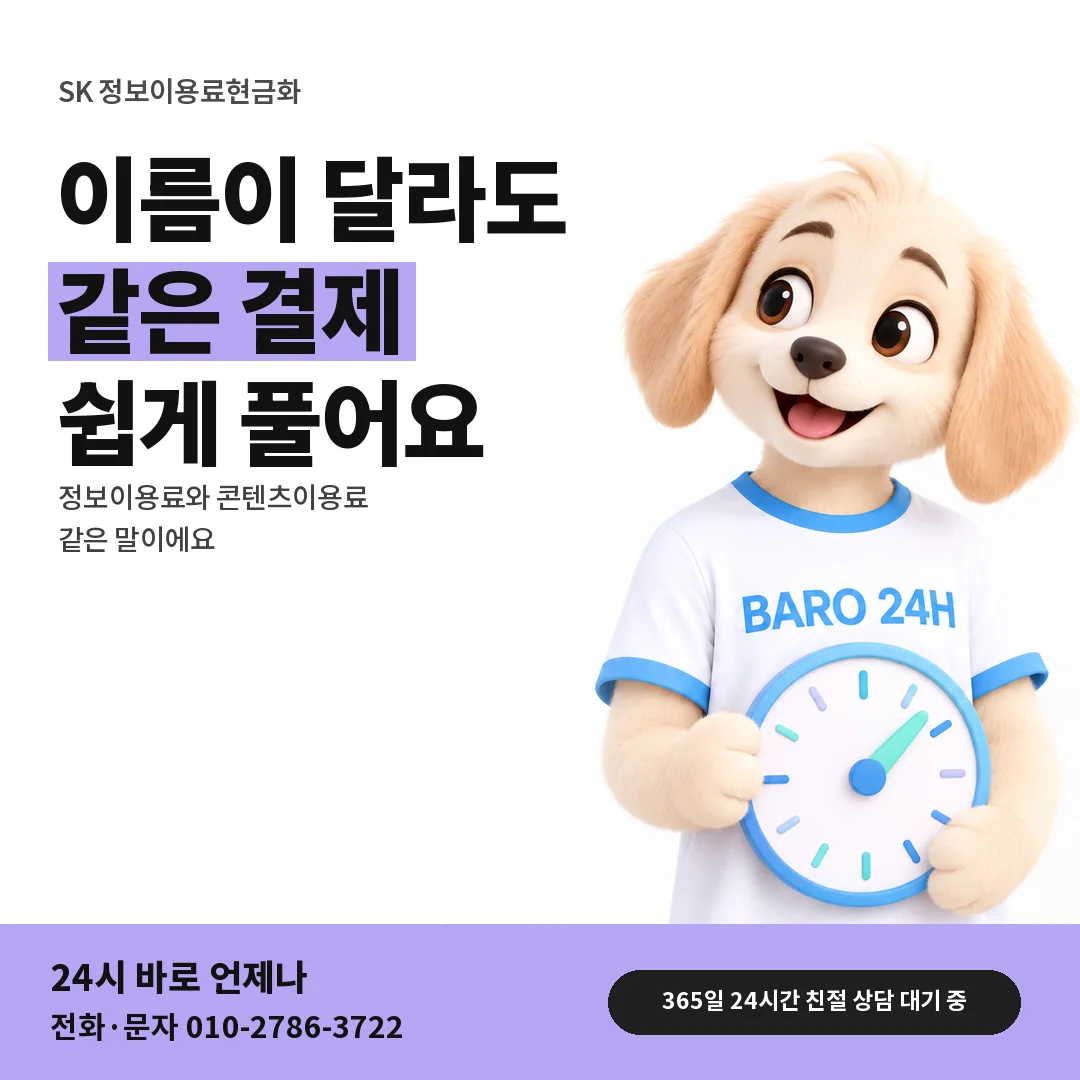 BARO 24H 티셔츠를 입은 3D 동물 캐릭터 옆에 「SK 정보이용료 이름 풀이」 제목을 얹은 안내 카드